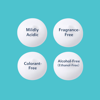 Four icons showing skincare features: mildly acidic formula, fragrance-free, colorant-free, and alcohol-free (ethanol-free), on a soft white background.