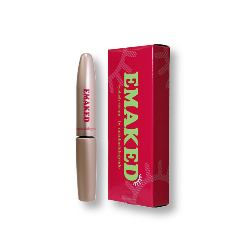 Emaked Eyelash Growth Serum tube with red outer packaging on a white background.