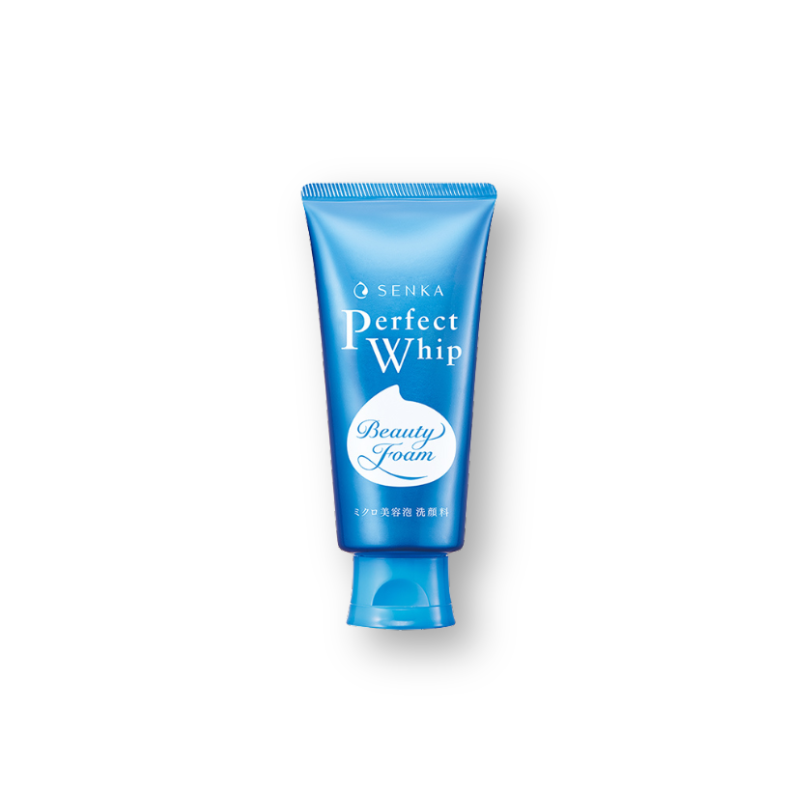 Blue tube of Senka Perfect Whip Beauty Foam on a white background