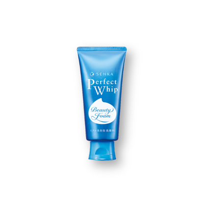 Blue tube of Senka Perfect Whip Beauty Foam on a white background